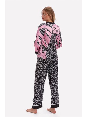 Siyah Çiçek Desenli Saten Pijama Takımı 3110