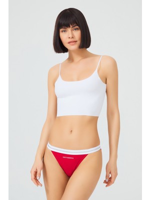 COTTONHILL Kırmızı Basic Simli Şerit Lastikli Pamuk Kadın Bikini Külot