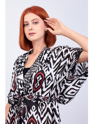 Ipek Siyah Kimono Elbise Etnik Ikat Desen