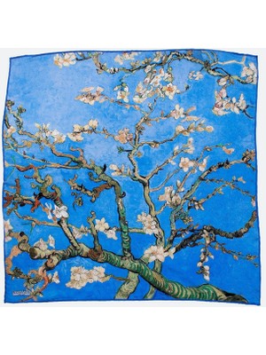 %100 Ipek Mavi Kare Fular Van Gogh Almond Blossoms