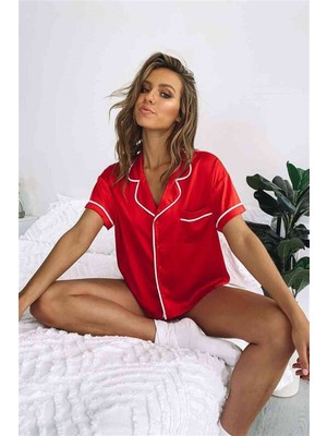 Merry See Ara Biyeli Saten Şortlu Pijama Takım Kırmızı MS3242