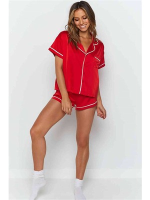 Merry See Ara Biyeli Saten Şortlu Pijama Takım Kırmızı MS3242