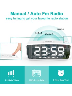 Shopfocus 5.1'' Dijital Alarmlı Saatli Radyo, Aynalı Çalar Saat, (Yurt Dışından)