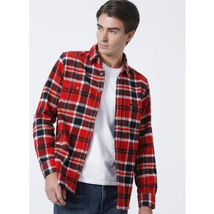 Lee Cooper 221 Lcm 2410033153 Dar Kalıp Ekose Kırmızı - Lacivert Erkek Gömlek