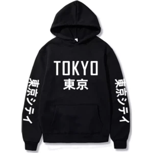 Amor Man Büyük Beden Kapüşonlu Tokyo Göğüs Baskılı Pamuk Oversize Yeni Trend Erkek SweaT-Shirt