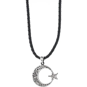 Kelimei Tevhid Yazılı Büyük Boy Ay Yıldız Tasarımlı 925 Ayar Gümüş Deri Ipli Kolye