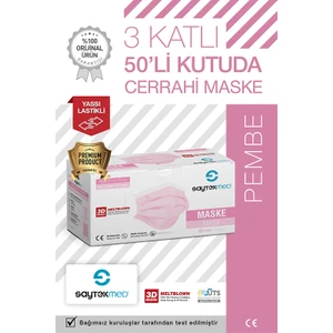 Saytekmed Meltblown Filtreli, Yassı Ipli, 3 Katlı Pembe Cerrahi Maske (1 Kutu/ 50 Adet)