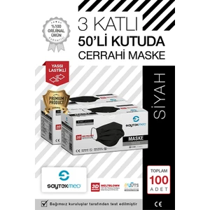 Saytekmed Meltblown Filtreli, Yassı Ipli, 3Katlı Siyah Cerrahi Maske (2 Kutu/100 Adet)