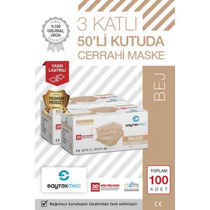 Saytekmed Meltblown Filtreli, Yassı Ipli, 3 Katlı Ten Rengi Cerrahi Maske (2 Kutu/100 Adet)