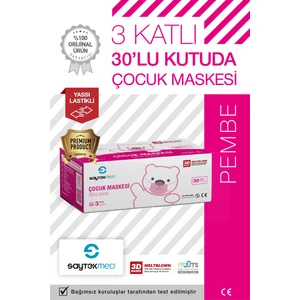 Saytekmed Premium 3 Katlı Pembe Çocuk Maskesi, Meltblown Filtreli, Yassı Kulak İpli (1 Kutu/30 Adet)