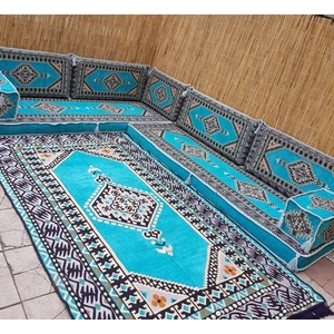 Saray Desen Şark Köşesi Minder, 120x180 cm Kilim Konsept Turkuaz 10 Parça