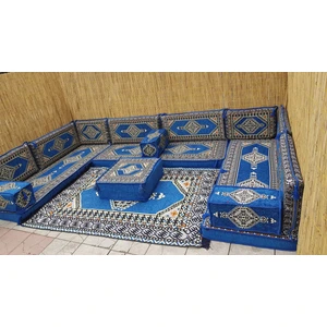 Şark Köşesi Saraylı Desenli Minder, Kilim, Orta Puf Takımı Konsept Mavi 16 Parça