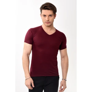 V Yaka Basic Slim Fit Erkek Tişört T-Shirt Bordo