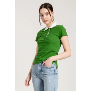 Jahr Marc Kısa Kollu Kontrast Polo Yaka Yeşil Kadın T-Shirt