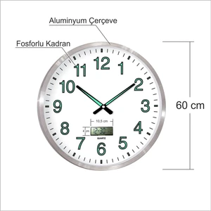 M3 Decorium Büyük Dev 60 cm Aluminyum Çerçeveli Fosforlu Dijitalli Termometreli Düz Okunaklı Kadran Duvar Saati