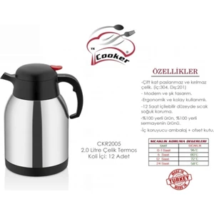 Çelik Çay Termos Paslanmaz Çift Katlı 2 Litre