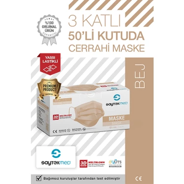 Saytekmed Meltblown Filtreli, Yassı Ipli, 3 Katlı Ten Rengi Cerrahi Maske (1 Kutu/50