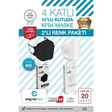 Saytekmed N95/FFP2 Kore Tipi 4 Katlı Siyah/Beyaz Maske, Tekli Poşet, Uv Steril (20 Adet/2