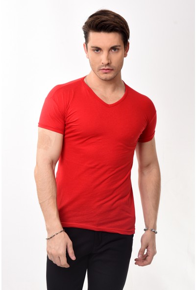 V Yaka Basic Slim Fit Erkek Tişört T-Shirt Kırmızı