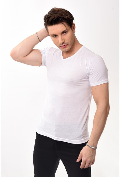 V Yaka Basic Slim Fit Erkek Tişört T-Shirt Beyaz