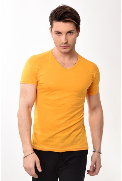 V Yaka Basic Slim Fit Erkek Tişört T-Shirt Sarı