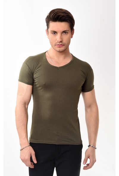 V Yaka Basic Slim Fit Erkek Tişört T-Shirt Haki