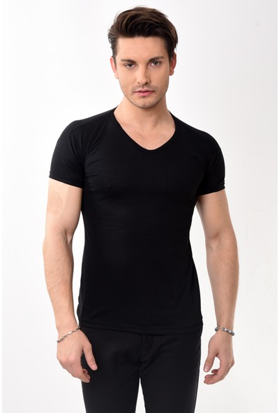 V Yaka Basic Slim Fit Erkek Tişört T-Shirt Siyah