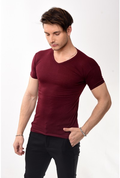 V Yaka Basic Slim Fit Erkek Tişört T-Shirt Bordo