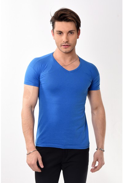Belifanti Collection V Yaka Basic Slim Fit Erkek Tişört T-Shirt Saks Mavisi