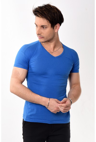 Belifanti Collection V Yaka Basic Slim Fit Erkek Tişört T-Shirt Saks Mavisi