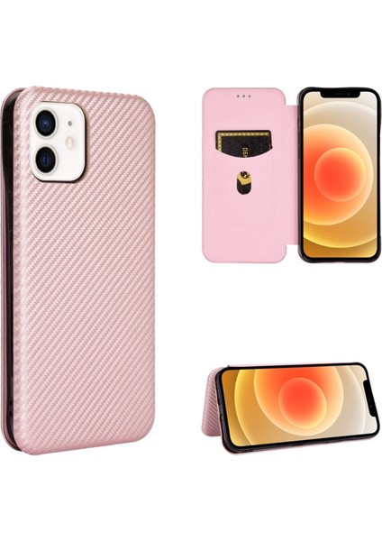 iPhone 13 Mini Halka Kayışlı Fiber Karbon Manyetik Deri Kılıf Gül Altın (Yurt Dışından)