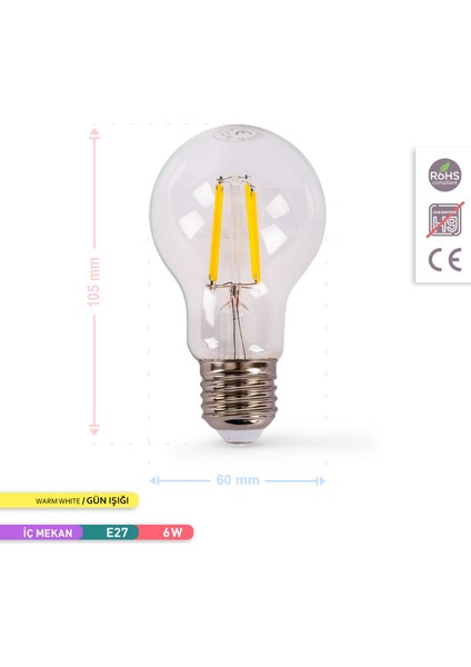 A60 Flamanlı Led Ampul 3000K Gün Işığı 630Lm 220-240V 6W E27