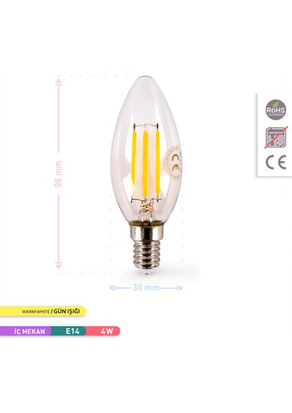 C35 Flamanlı Led Ampul 3000K Gün Işığı Rustik Mum Ampul 400Lm 220-240V 4W E14