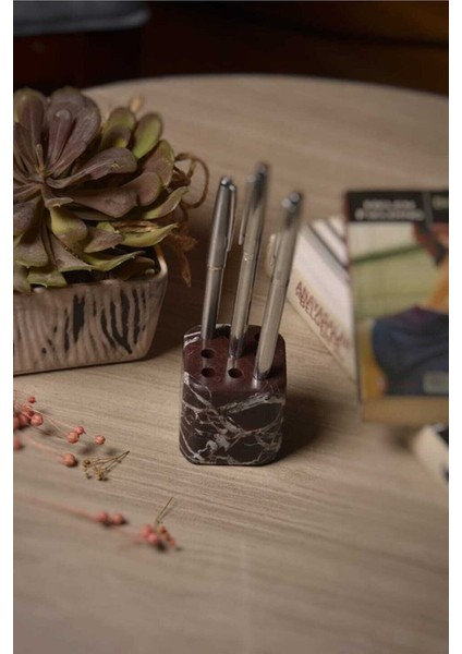 Sourcherry Mermer El Yapımı Dekoratif Masaüstü Delikli Kalemlik Bordo modelleri