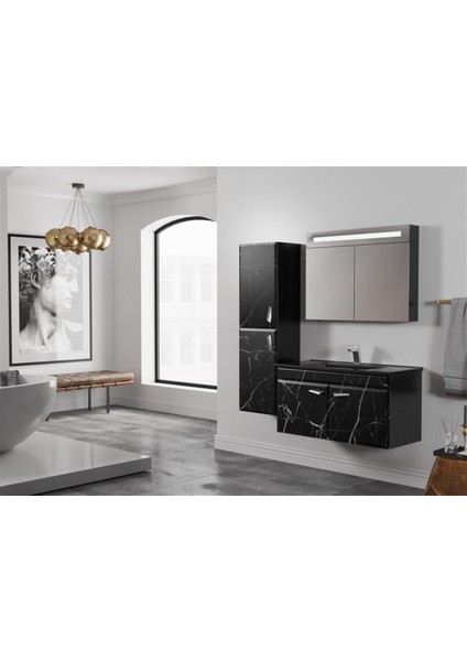 Marble Banyo Dolabı Takımı Siyah 65 cm