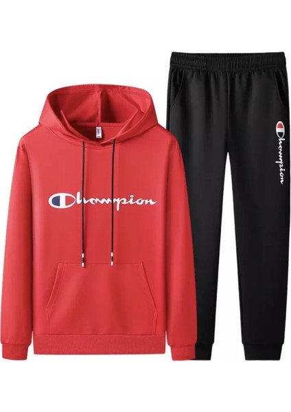Büyük Beden Champıon Göğüs Baskılı Kapüşonlu Pamuk Oversize Yeni Trend Erkek Eşofman Takımı