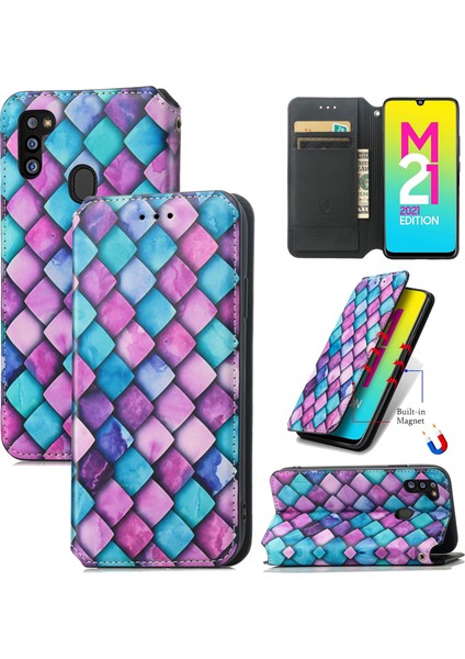 Samsung Galaxy M21 2021 Için Renkli Manyetik Yatay Çevirme Deri Telefon Kılıfı Ile Tutucu ve Kart Yuvası ve Cüzdan (Yurt Dışından)