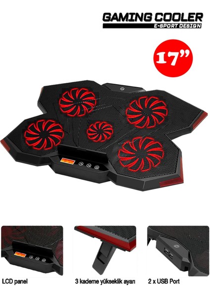 Gp5 E-Sport Desing 5 Fanlı Ledli LCD Kontrol Panelli Pro Standlı 15-17" Uyumlu Notebook Soğutucu