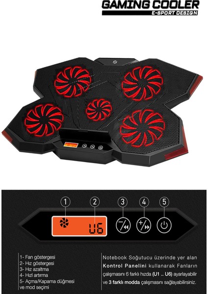 Gp5 E-Sport Desing 5 Fanlı Ledli LCD Kontrol Panelli Pro Standlı 15-17" Uyumlu Notebook Soğutucu