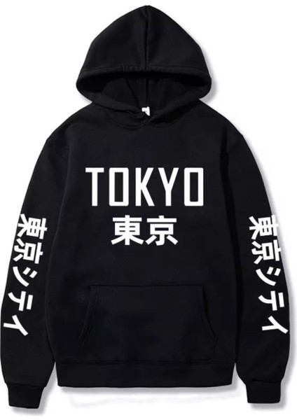 Büyük Beden Kapüşonlu Tokyo Göğüs Baskılı Pamuk Oversize Yeni Trend Erkek SweaT-Shirt