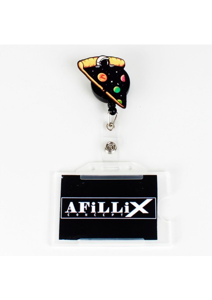 Astronot Pizza Tasarım Ahşap Yoyo Yaka Kartı Aksesuarı Şeffaf Kart Koruyucu