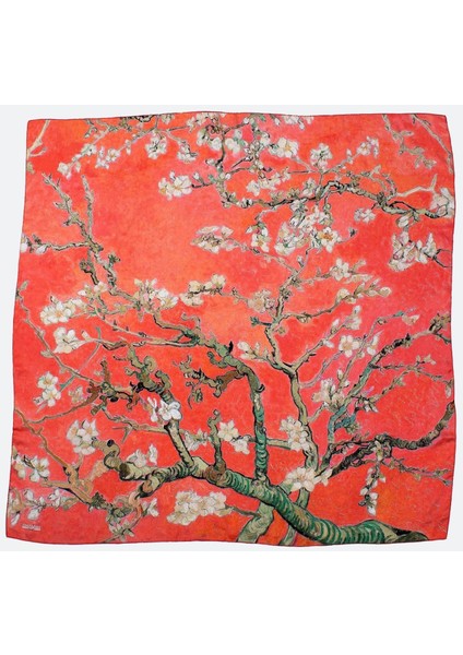 %100 Ipek Kırmızı Kare Şal Fular Van Gogh Almond Blossoms 140CM