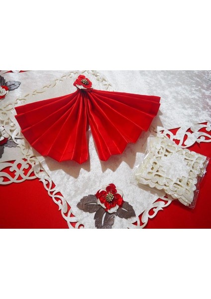 Afife Kadife ve Monoray Kumaş Krem/Kırmızı Masa Örtüsü , Peçeteli ve Amerikan Servisli Sofra Takımı 8 kişilik Dikdörtgen 160x230 cm 34 Parça - 373 modelleri