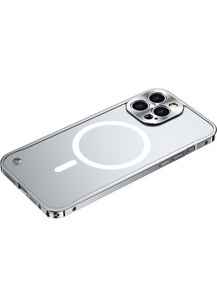 iPhone 12 Pro Max Için Manyetik Kablosuz Şarjlı Temperli Cam + Metal Mat Telefon Kılıfı - Gümüş (Yurt Dışından)
