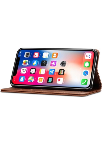 iPhone Xr Için Çizilmeye Dayanıklı Manyetik Cüzdan Tasarımlı Standlı Deri Kılıf - Kahverengi (Yurt Dışından)