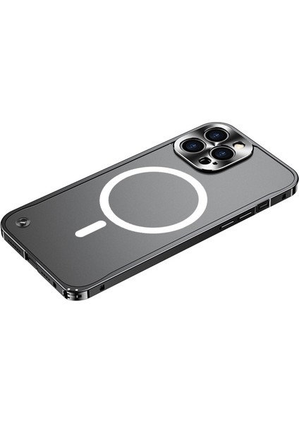 iPhone 12 Pro Max Için Manyetik Kablosuz Şarjlı Temperli Cam + Metal Mat Telefon Kılıfı - Siyah (Yurt Dışından)