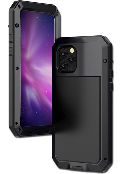 iPhone 11 Pro Için Metal + Silikon + Temperli Cam 360° Tam Korumalı Kılıf - Siyah (Yurt Dışından)