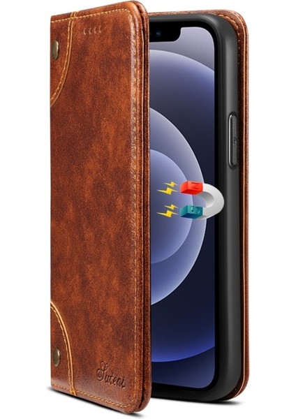 iPhone 12 Mini Için 055 Serisi Çizilmeye Düşmeye Dayanıklı Pu Deri+Tpu Cüzdan Tasarımlı Standlı Telefon Kılıfı - Haki (Yurt Dışından)