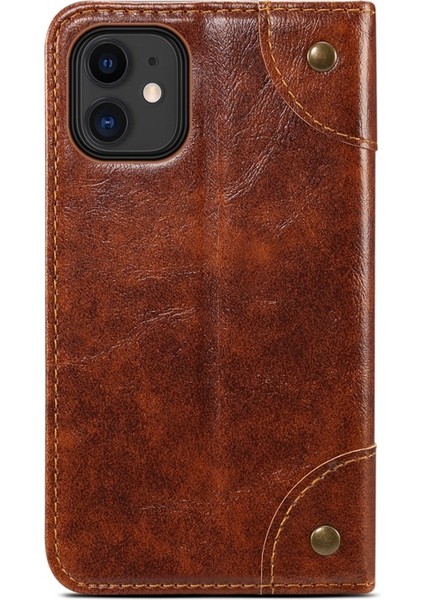 iPhone 12 Mini Için 055 Serisi Çizilmeye Düşmeye Dayanıklı Pu Deri+Tpu Cüzdan Tasarımlı Standlı Telefon Kılıfı - Haki (Yurt Dışından)