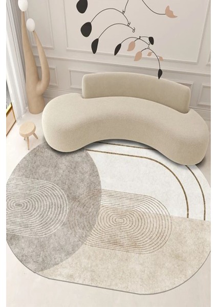 Dijital Baskılı Kaymaz Taban Yıkanabilir Vizon-Krem Salon Mutfak Oval Beyaz HALI-YOLLUK-D7088